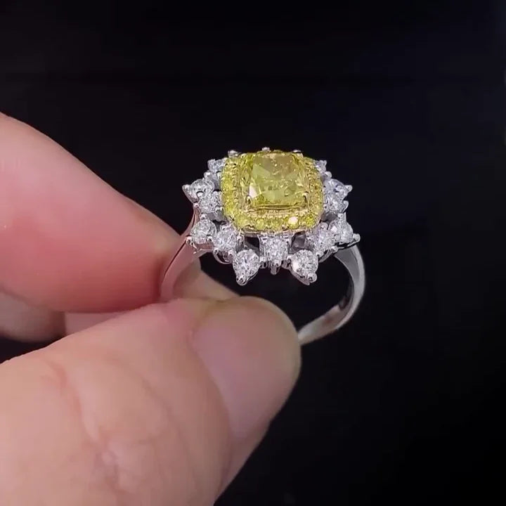 IGI certified fancy yellow cushion cut lab created diamond ring, 2.30TCW double halo engagement ring, elegant bridal jewelry for women