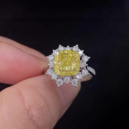 Cushion fancy yellow lab grown diamond engagement ring 2.00 CT, double halo ring, IGI certified luxury engagement jewelry for women
