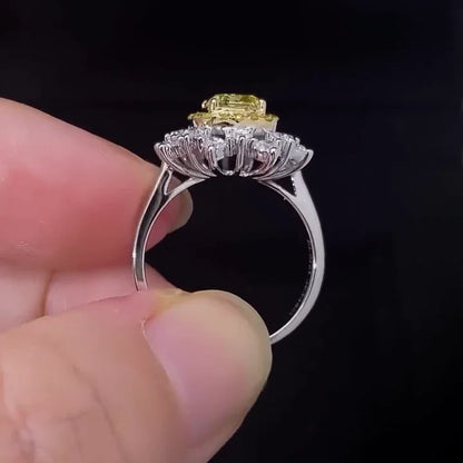Luxury 2.30TCW fancy yellow cushion diamond ring, lab grown double halo engagement ring, IGI certified bridal jewelry design