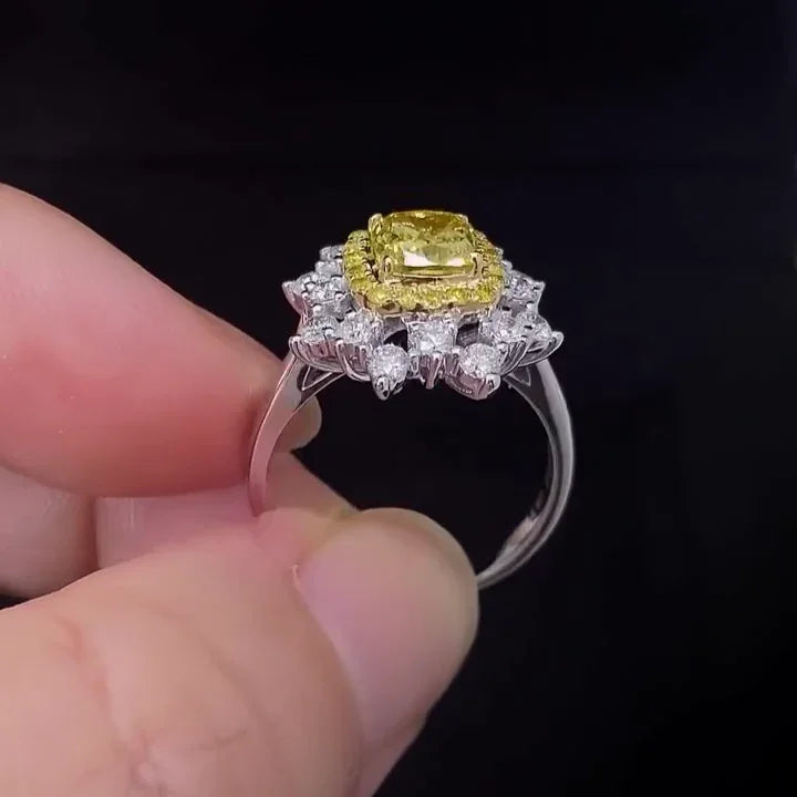2.30 TCW Fancy Yellow Cushion Lab Grown Diamond Engagement Ring | Double Halo Ring | IGI Certified 