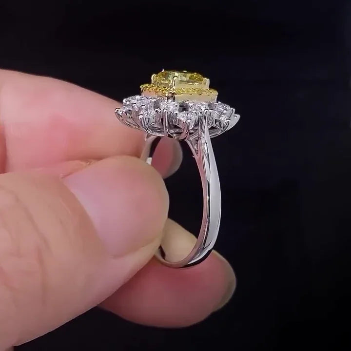 2.30 TCW Fancy Yellow Cushion Lab Grown Diamond Engagement Ring | Double Halo Ring | IGI Certified 