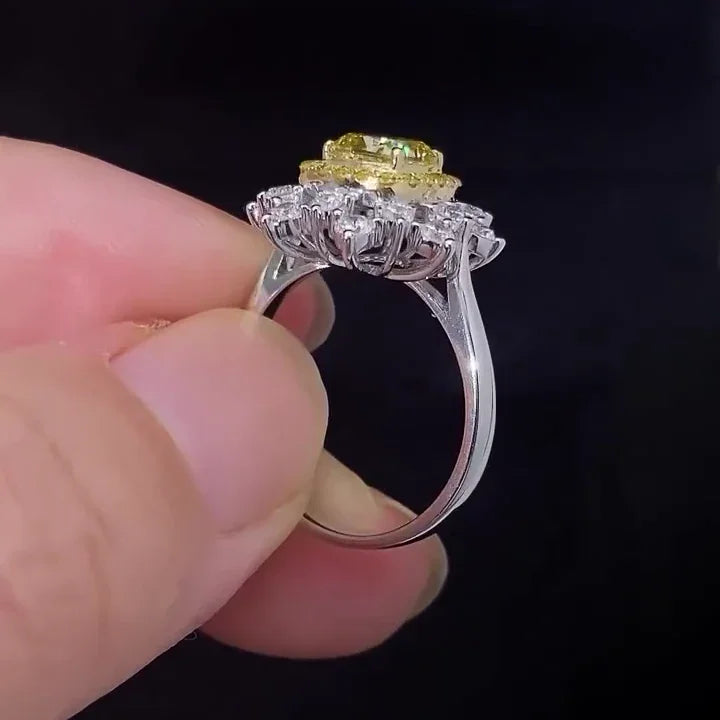 2.30 TCW Fancy Yellow Cushion Lab Grown Diamond Engagement Ring | Double Halo Ring | IGI Certified 