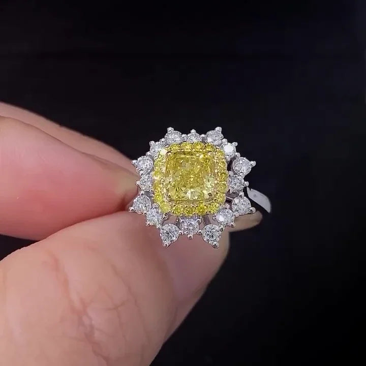 2.30TCW fancy yellow cushion lab grown diamond engagement ring, double halo setting, IGI certified bridal ring, luxury wedding jewelry