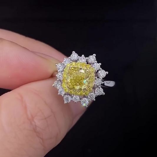 2.30 TCW Fancy Yellow Cushion Lab Grown Diamond Engagement Ring | Double Halo Ring | IGI Certified 