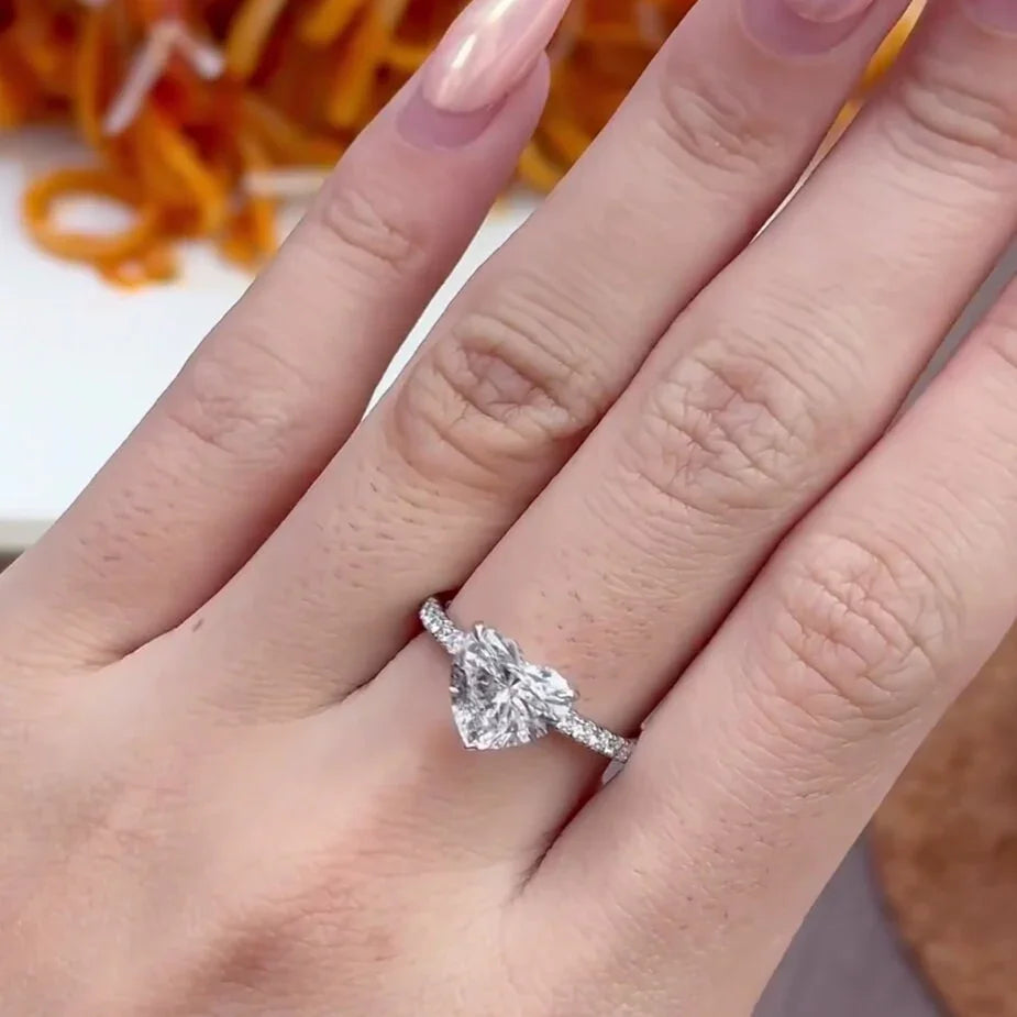 Heart shaped lab grown diamond engagement ring 2.30CT, pavé band setting, IGI certified luxury bridal diamond jewelry