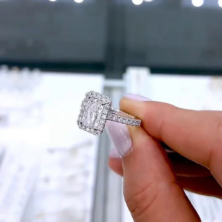 Radiant lab grown diamond engagement ring 2.00 CT, halo cathedral setting, IGI certified luxury wedding ring jewelry