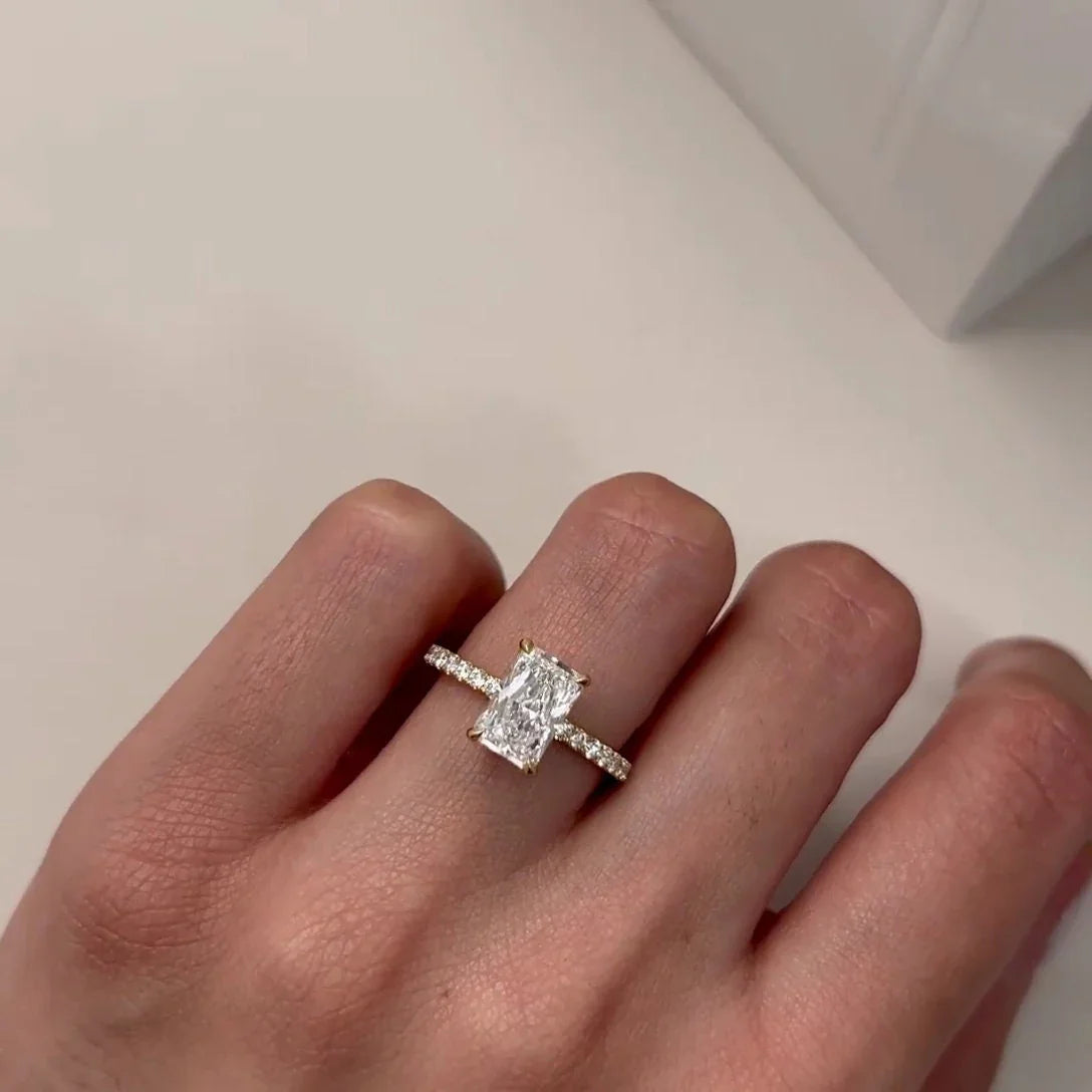 Luxury 2.40TCW radiant lab grown diamond ring, hidden halo yellow gold band engagement ring, IGI certified bridal jewelry piece