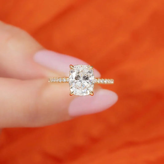 2.50CT cushion cut lab grown diamond engagement ring, pavé band hidden halo setting, IGI certified bridal ring, luxury wedding jewelry