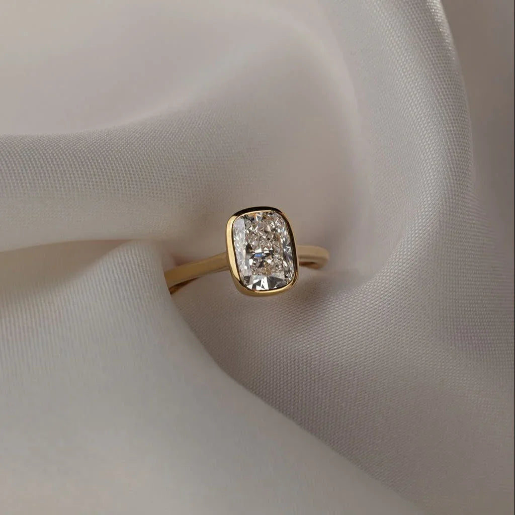Luxury 2.50CT elongated cushion lab grown diamond ring, bezel cathedral engagement ring, IGI certified bridal diamond jewelry