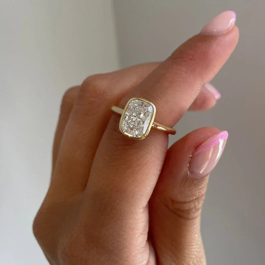 2.50CT elongated cushion lab grown diamond engagement ring, bezel set cathedral ring, IGI certified bridal ring, luxury wedding jewelry