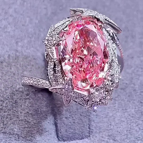 Oval fancy pink lab grown diamond engagement ring 2.50CT, starburst halo 4.50TCW white gold ring, IGI certified bridal jewelry