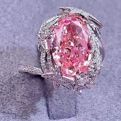 Oval fancy pink lab grown diamond engagement ring 2.50CT, starburst halo 4.50TCW white gold ring, IGI certified bridal jewelry
