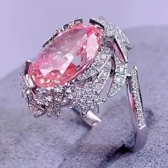 Luxury 2.50CT fancy pink oval lab grown diamond ring, starburst halo engagement ring, IGI certified white gold wedding ring