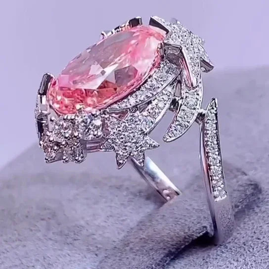 2.50 CT Fancy Pink Oval Lab Grown Diamond Engagement Ring | Starburst Halo Ring | 4.50 TCW | White Gold | IGI Certified 