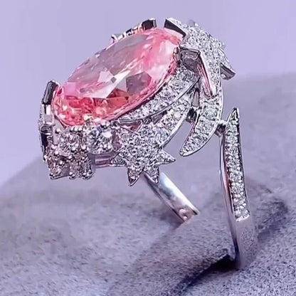 2.50 CT Fancy Pink Oval Lab Grown Diamond Engagement Ring | Starburst Halo Ring | 4.50 TCW | White Gold | IGI Certified 