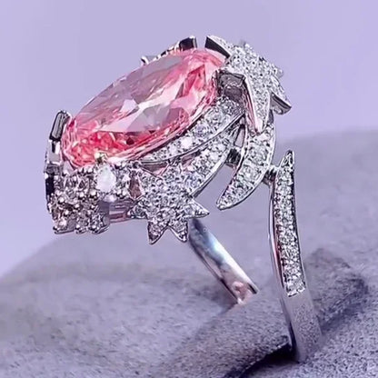 2.50 CT Fancy Pink Oval Lab Grown Diamond Engagement Ring | Starburst Halo Ring | 4.50 TCW | White Gold | IGI Certified 