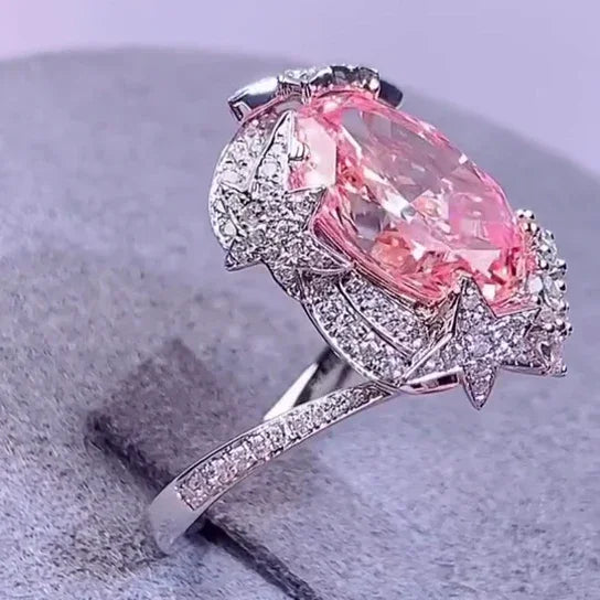 2.50 CT Fancy Pink Oval Lab Grown Diamond Engagement Ring | Starburst Halo Ring | 4.50 TCW | White Gold | IGI Certified 