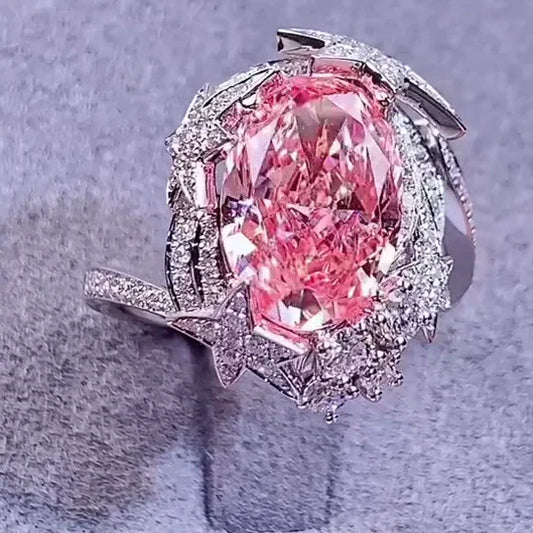 2.50CT fancy pink oval lab grown diamond engagement ring, starburst halo setting, 4.50TCW white gold IGI certified bridal ring