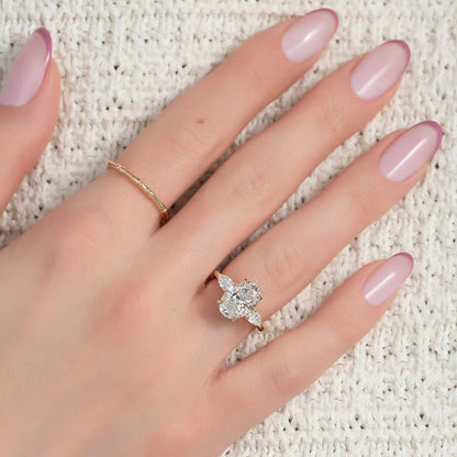 2.50 CT oval lab grown diamond IGI certified engagement ring side pear accents hidden halo setting bridal wedding jewelry anniversary gift gold ring