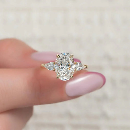 2.50 CT oval cut lab grown diamond engagement ring IGI certified side pear accents hidden halo setting bridal wedding jewelry anniversary gold ring