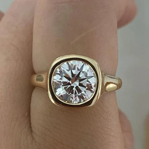 2.50 CT Round Lab Grown Diamond Engagement Ring | Yellow Gold Bezel Ring | IGI Certified 