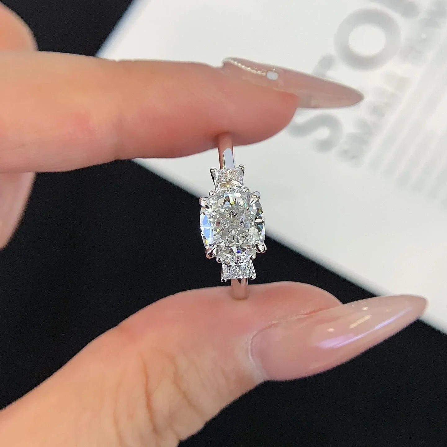 2.00 CT cushion cut lab grown diamond engagement ring three stone ring princess side stones IGI certified bridal wedding anniversary ring jewelry