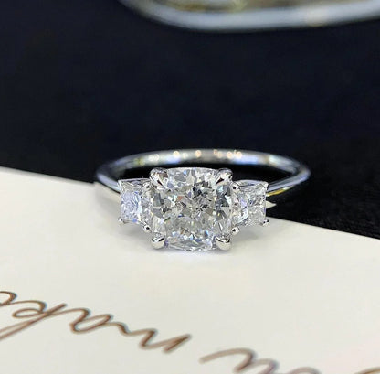 2.00 CT cushion lab grown diamond engagement ring with princess side stones three stone ring IGI certified bridal wedding ring luxury jewelry