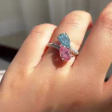 Luxury 2.50 TCW fancy pink & blue pear lab grown diamond engagement ring pavé band bypass style IGI certified bridal wedding jewelry gift ring