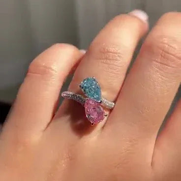 2.00 CT fancy pink and blue pear lab grown diamond engagement ring bypass style pavé band IGI certified bridal wedding ring luxury jewelry gift