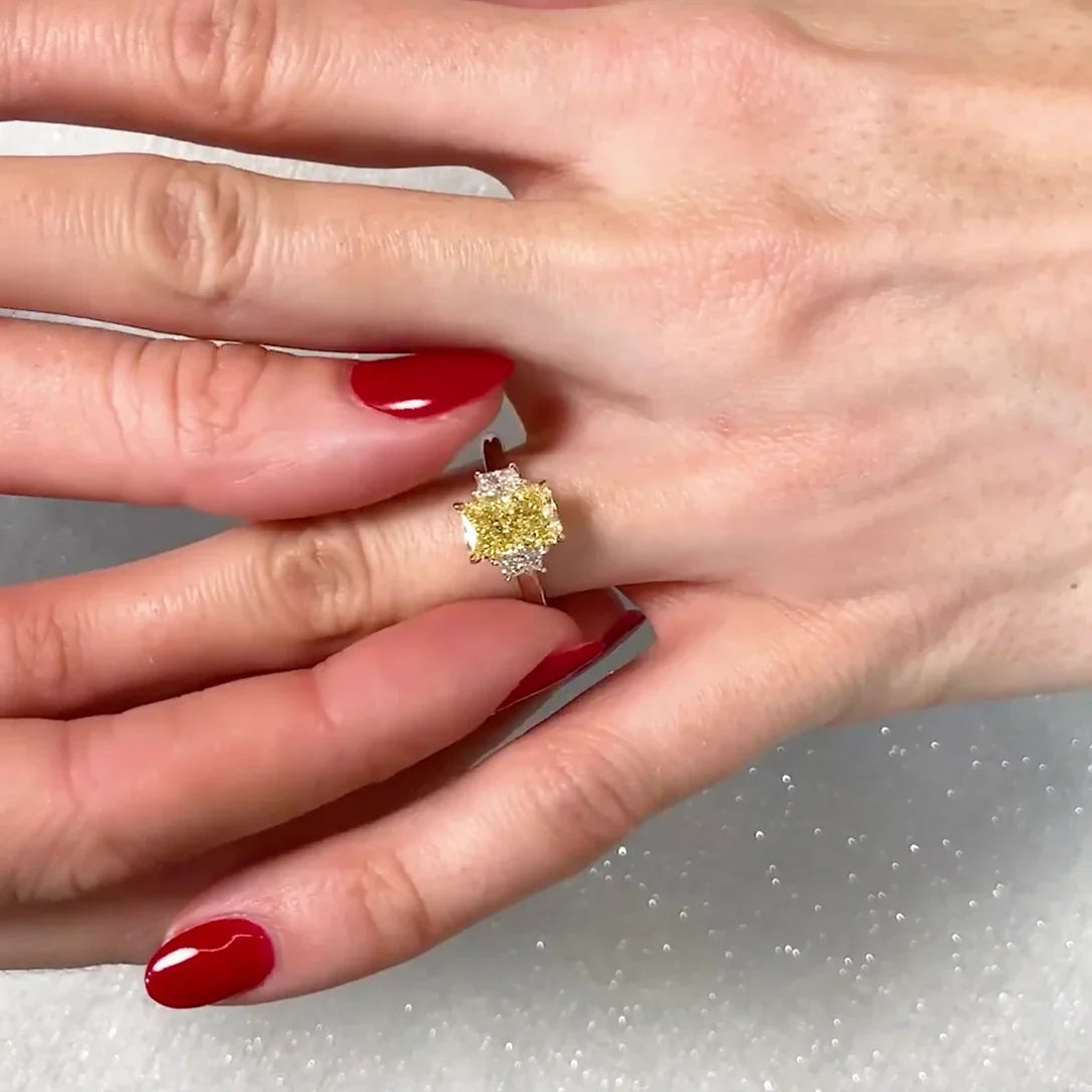 2.50 TCW Fancy Yellow Radiant Lab Grown Diamond Engagement Ring | Three Stone Ring | IGI Certified 