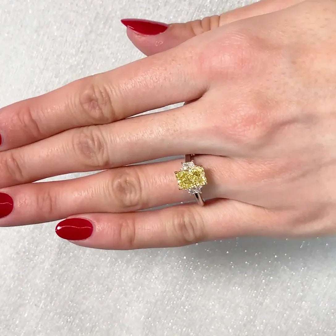 2.50 TCW Fancy Yellow Radiant Lab Grown Diamond Engagement Ring | Three Stone Ring | IGI Certified 