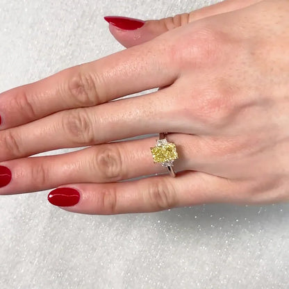 2.50 TCW Fancy Yellow Radiant Lab Grown Diamond Engagement Ring | Three Stone Ring | IGI Certified 