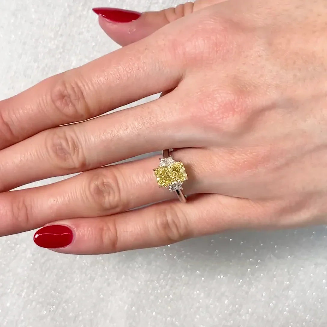 2.50 TCW Fancy Yellow Radiant Lab Grown Diamond Engagement Ring | Three Stone Ring | IGI Certified 