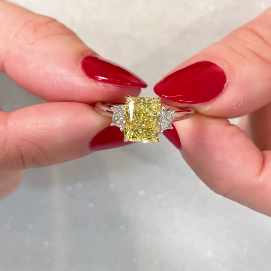 2.50 TCW Fancy Yellow Radiant Lab Grown Diamond Engagement Ring | Three Stone Ring | IGI Certified 