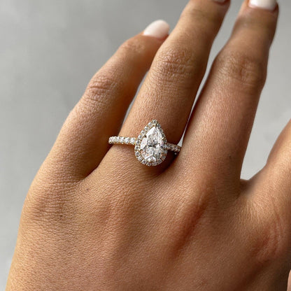 2.00 CT pear shaped lab grown diamond engagement ring halo pavé design IGI certified bridal wedding ring luxury jewelry engagement gift ring