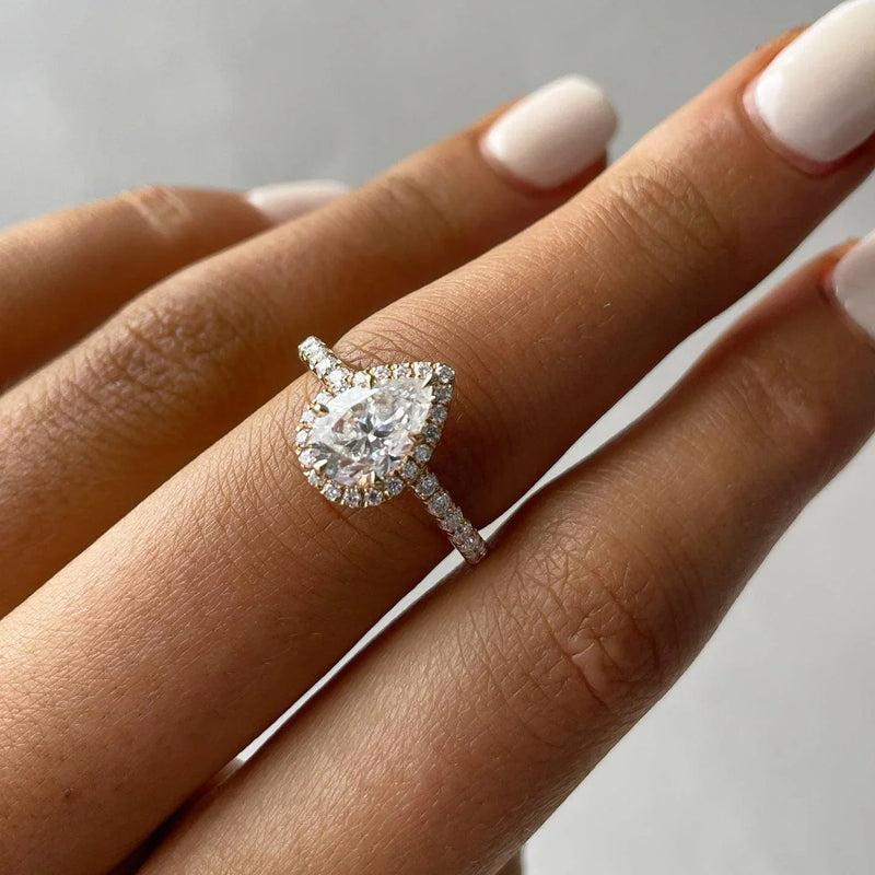 2.00 CT Pear Lab Grown Diamond Engagement Ring | Halo Pavé Ring | IGI Certified