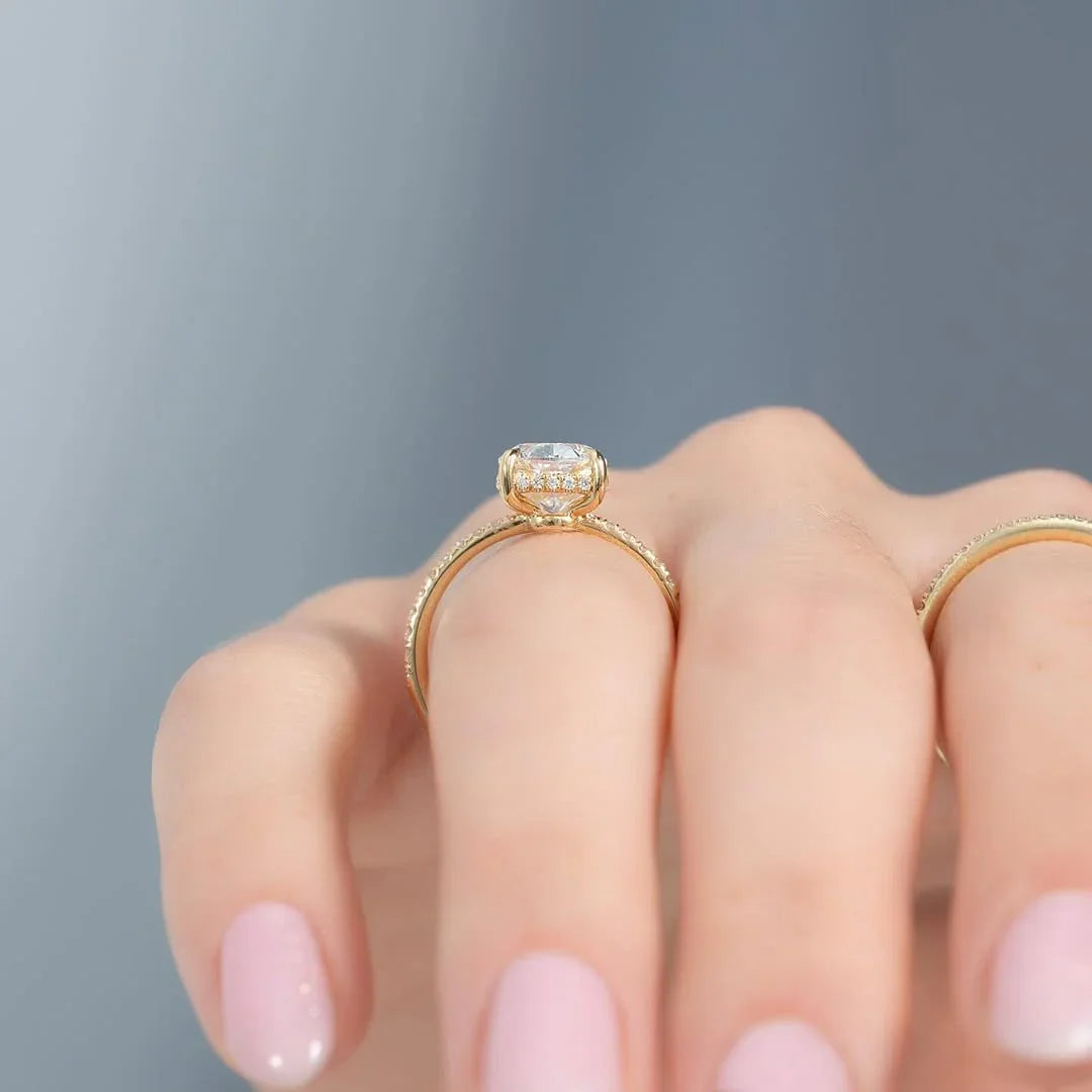 2.50ct Cushion Cut Lab Grown Diamond Solitaire Ring With Pave Band & Hidden Halo 