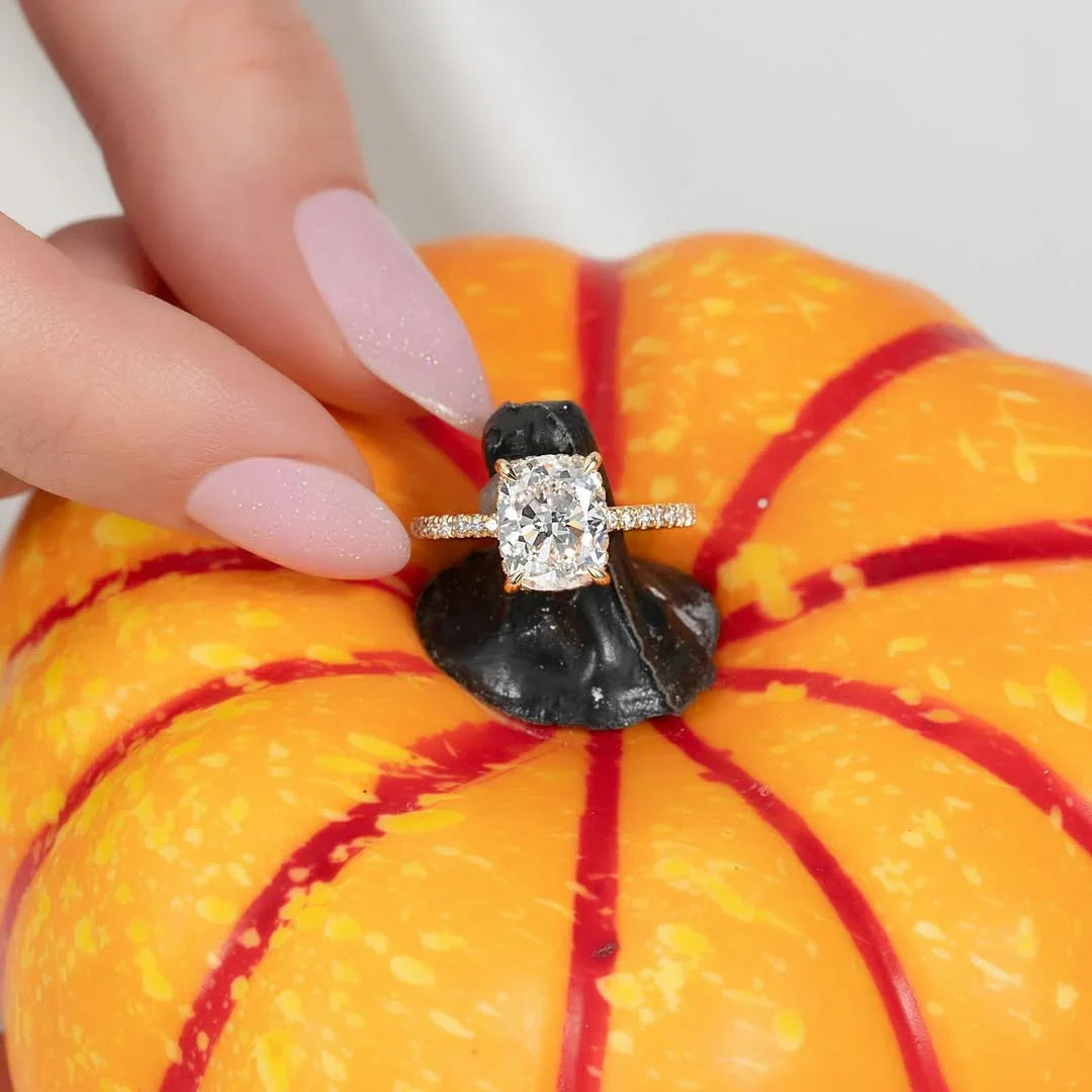 2.50ct Cushion Cut Lab Grown Diamond Solitaire Ring With Pave Band & Hidden Halo 