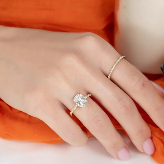 2.50ct Cushion Cut Lab Grown Diamond Solitaire Ring With Pave Band & Hidden Halo 