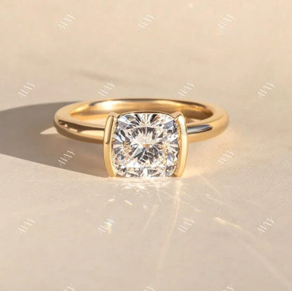 2.50ct cushion lab grown diamond engagement ring half bezel setting IGI certified bridal wedding ring luxury engagement jewelry modern elegant ring