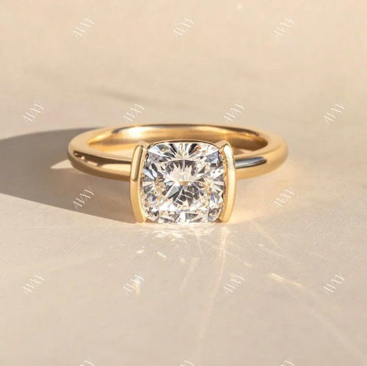 2.50ct cushion lab grown diamond engagement ring half bezel setting IGI certified bridal wedding ring luxury engagement jewelry modern elegant ring