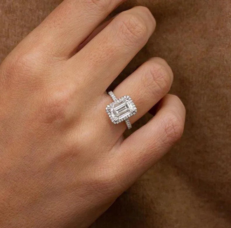 2.50TCW Emerald Lab Grown Diamond Engagement Ring IGI Certified Cathedral Halo Pavé Setting, Emerald Cut Bridal Ring Wedding Jewelry for Women