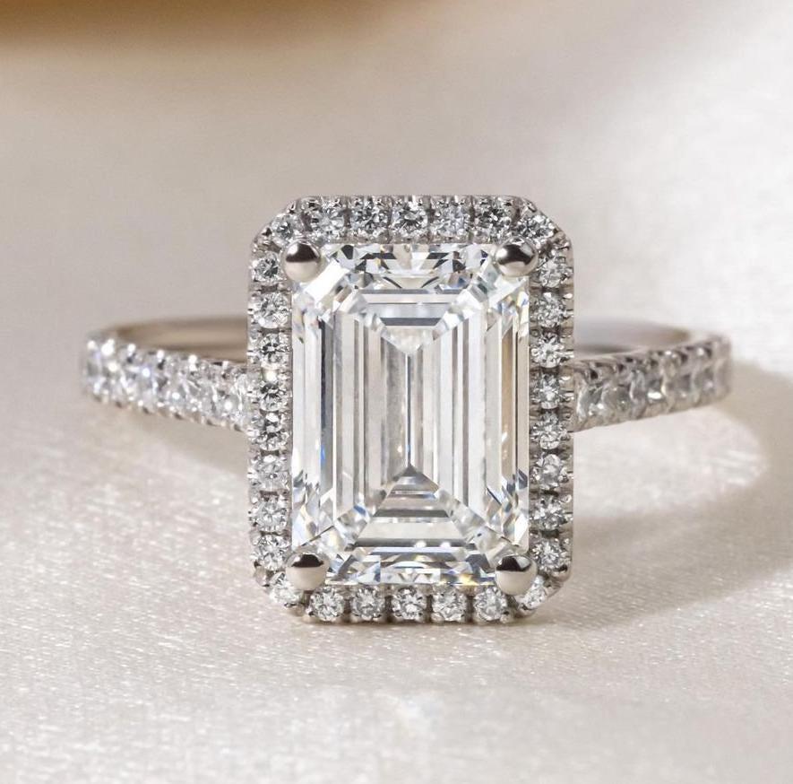 2.50TCW Emerald Lab Grown Diamond Engagement Ring IGI Certified Halo Pavé Cathedral Setting, Bridal Wedding Ring Luxury Fine Jewelry Gift for Her