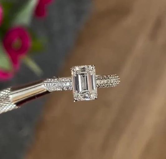 2.50TCW Emerald Cut Lab Grown Diamond Engagement Ring IGI Certified Pavé Hidden Halo Ring, Wedding Bridal Jewelry Elegant Engagement Ring