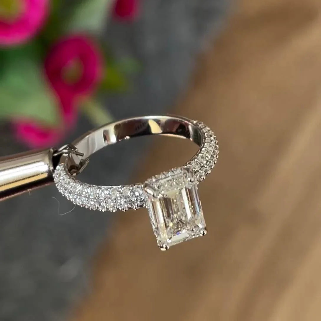 2.50TCW Emerald Lab Grown Diamond Engagement Ring IGI Certified Pavé Hidden Halo Setting, Emerald Cut Bridal Ring Wedding Jewelry for Her