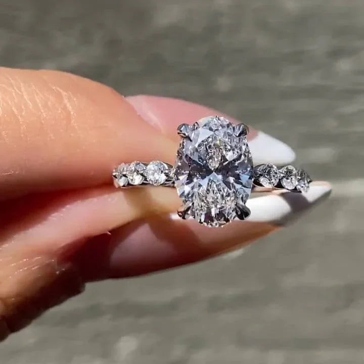 2.50TCW Oval Lab Grown Diamond Engagement Ring | Hidden Halo Pave Band Setting | IGI Certified 