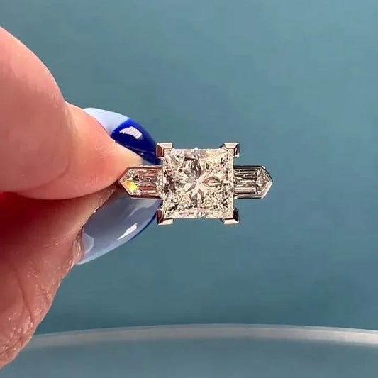 2.50TCW Princess Lab Diamond Engagement Ring IGI Certified Cathedral Bezel White Gold Bullet Side Stones Bridal Wedding Fine Jewelry Gift