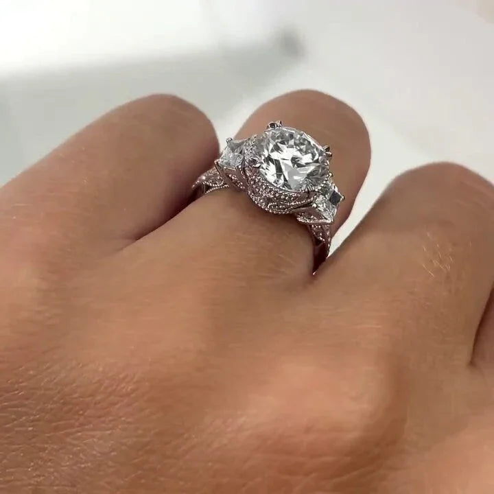 Elegant 2.50TCW Round Lab Grown Diamond Engagement Ring IGI Certified Vintage Three Stone Trapezoid Side Setting, Bridal Wedding Ring Gift