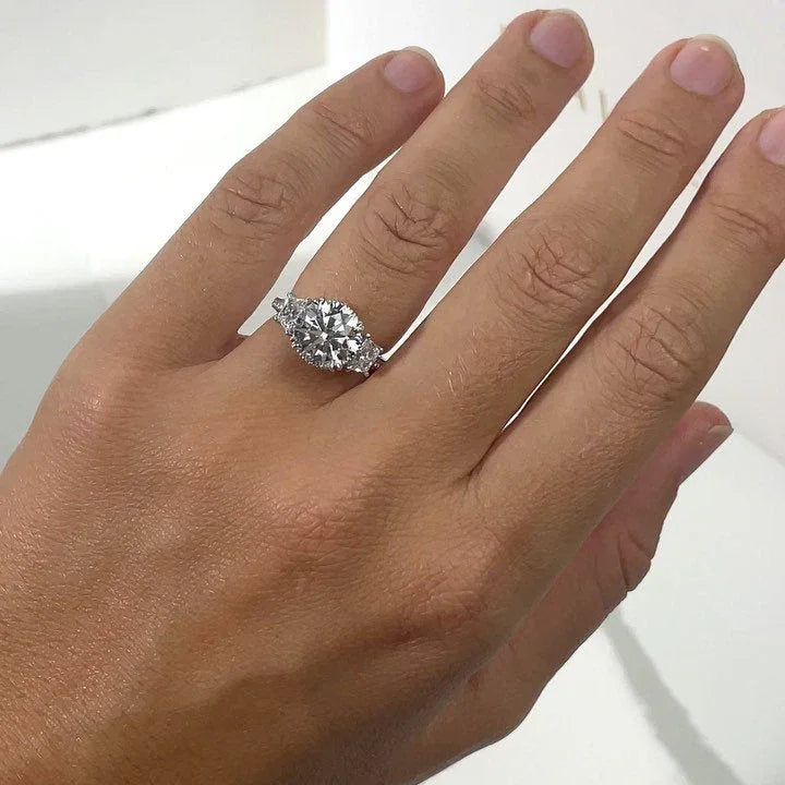 2.50TCW Round Cut Lab Grown Diamond Engagement Ring IGI Certified Vintage Three Stone Trapezoid Side Stones Bridal Wedding Jewelry Gift Ring