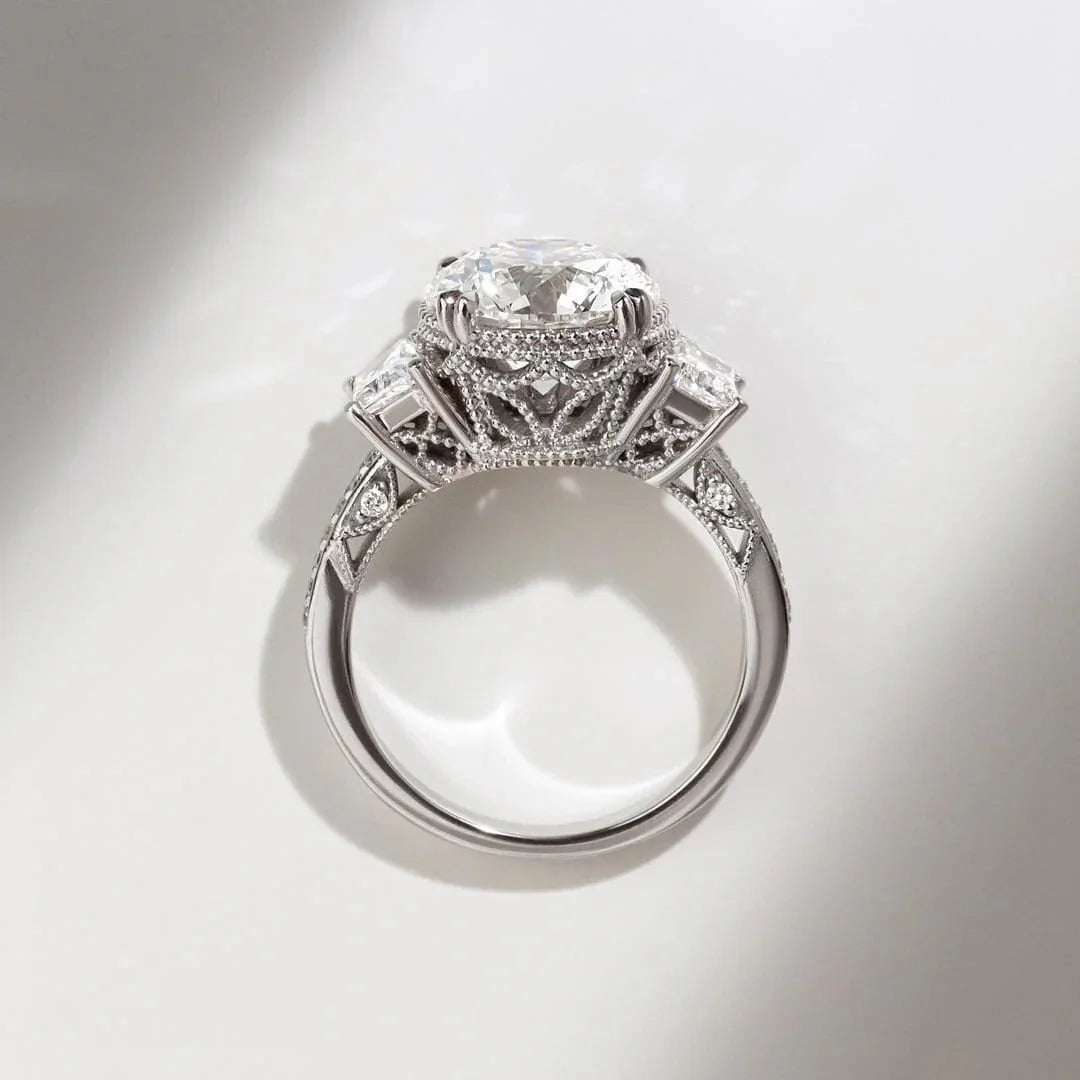 2.50TCW Round Lab Grown Diamond Engagement Ring | Vintage Three Stone Trapezoid Side Setting | IGI Certified 